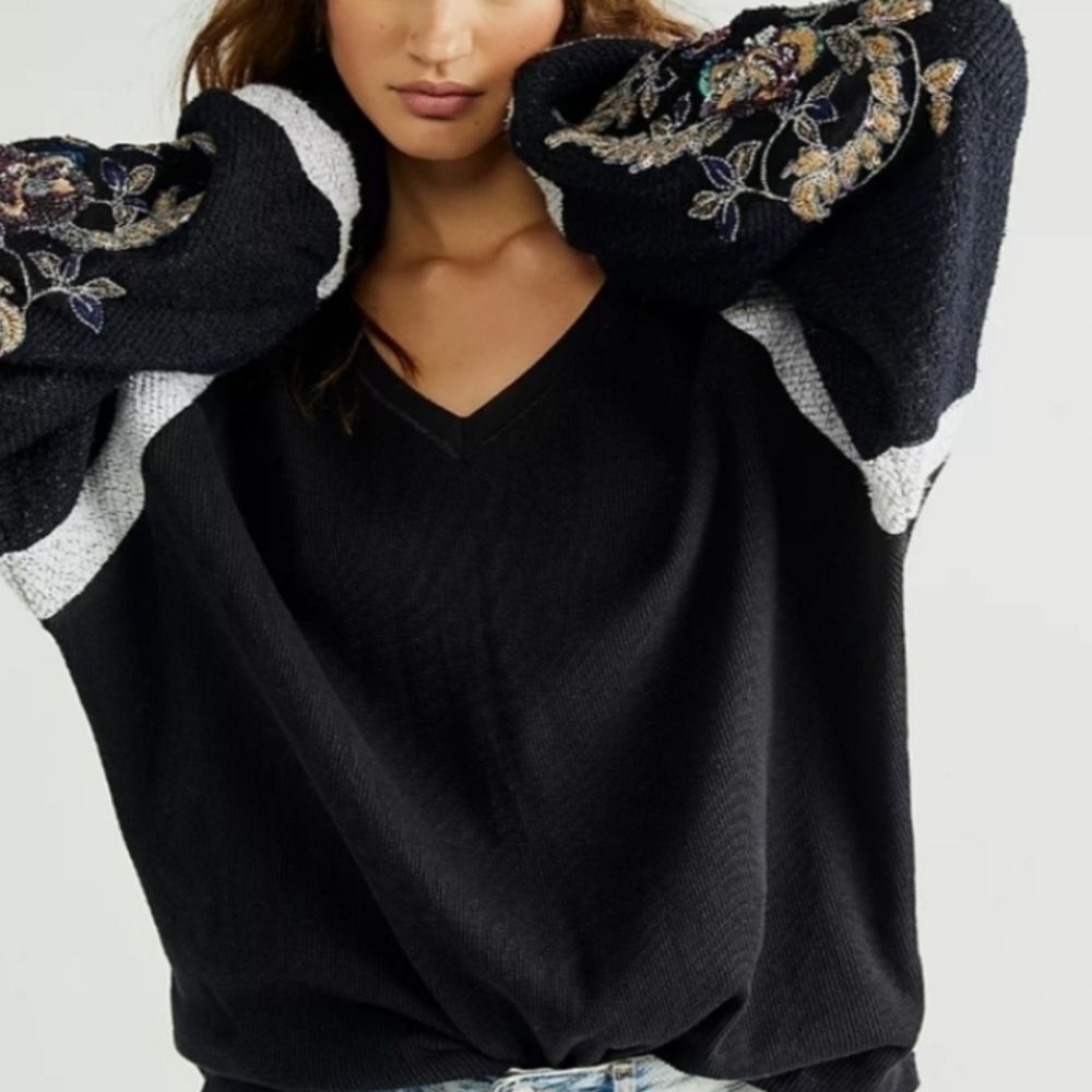 Free People Black V-Neck Sweater with Sequin Floral Embroidery